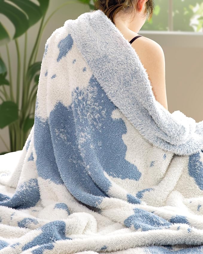 Throw Blanket for Couch, Soft Cozy Chunky Knit Thick Knitted Blanket for Sofa, Bed, Gift for Women Girls Home Decor (Cow-Blue, Throw 50"x60")