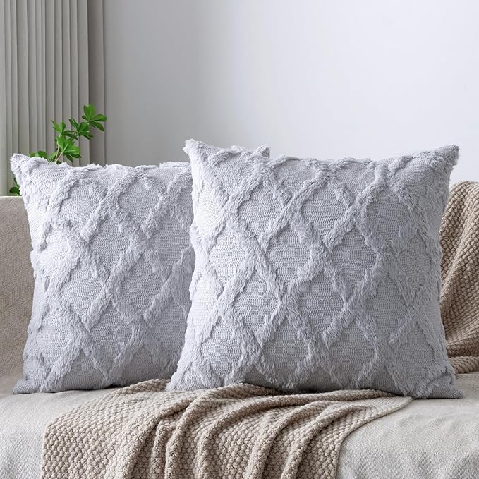 Set of 2 Soft Moroccan Throw Pillow Covers 18x18 Inch Plush Boho Decorative Pillow Cover Accent Cushion Case for Couch Sofa Bed, Grey