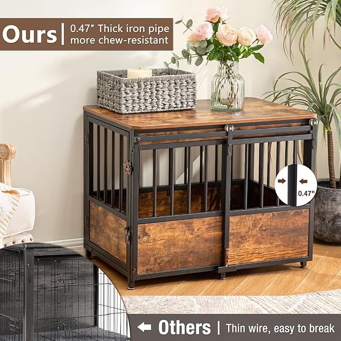 KOOPRO 32" Dog Crate Furniture with Cushion, Heavy Duty for Medium Dogs | Wooden Dog Kennel with Double Doors, Decorative Pet House Dog Cage Side End Table Indoor, Sliding Door Chew-Resistant