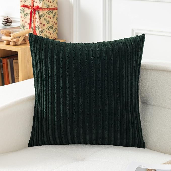 UGASA Velvet 20x20 Inch Soft Throw Pillow Covers Decorative Striped Corduroy Both Sides Solid Square Cushion Cases Boho Farmhouse for Couch Bedroom Sofa Home, Pack of 2, Dark Green