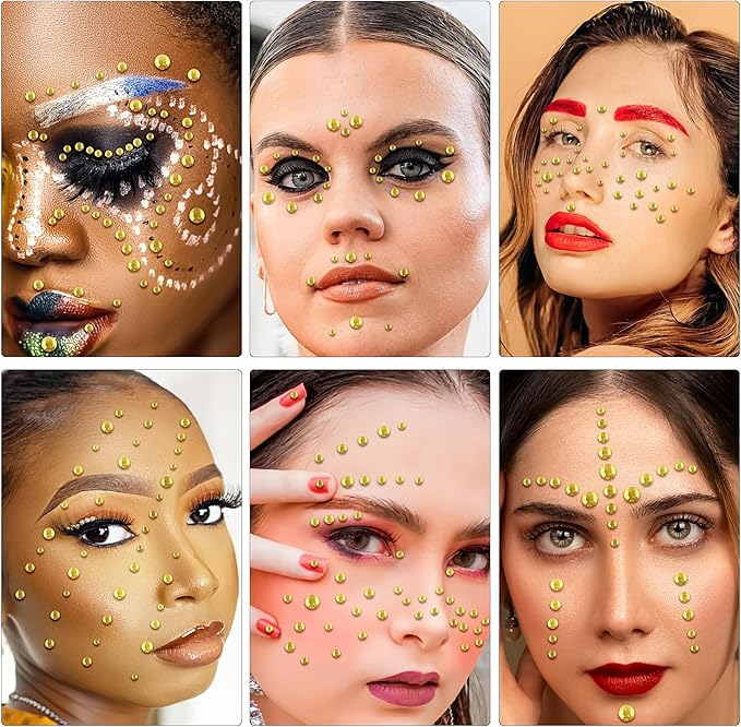 591pcs Face Gems Hair Gems Pearls, Self-Adhesive Face Jewels Eye Rhinestones 3/4/5/6/8 mm Face Gem Stick on, Halloween Makeup Gems Rave Accessories for Face Eyes Body Makeup (07.Light Gold)