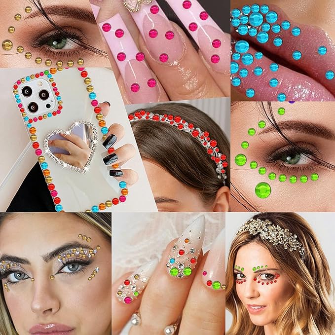 3555pcs Self Adhesive Face Gems for Makeup, Festival Jewels, Hair Gems, Rhinestone Stickers for Face, Eye, Makeup, Nail, Body, Crafts 5sheets (color-3/4/5/6/8mm)