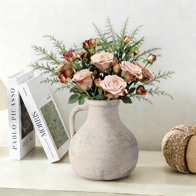 Ceramic Decorative Flower Vase 7.1 Inch Pottery Rustic Farmhouse Boho Terracotta Vase for Home Decor, Table, Living Room, Bathroom, Shelf, Mantel Decoration, Bronze