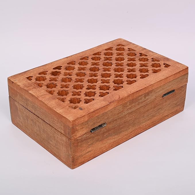 Mango Wood Decorative Wooden Box with Hinged Lid in Jali Carvings Used as Storage Box Christmas Gifts Items (9" x 6" x 3')