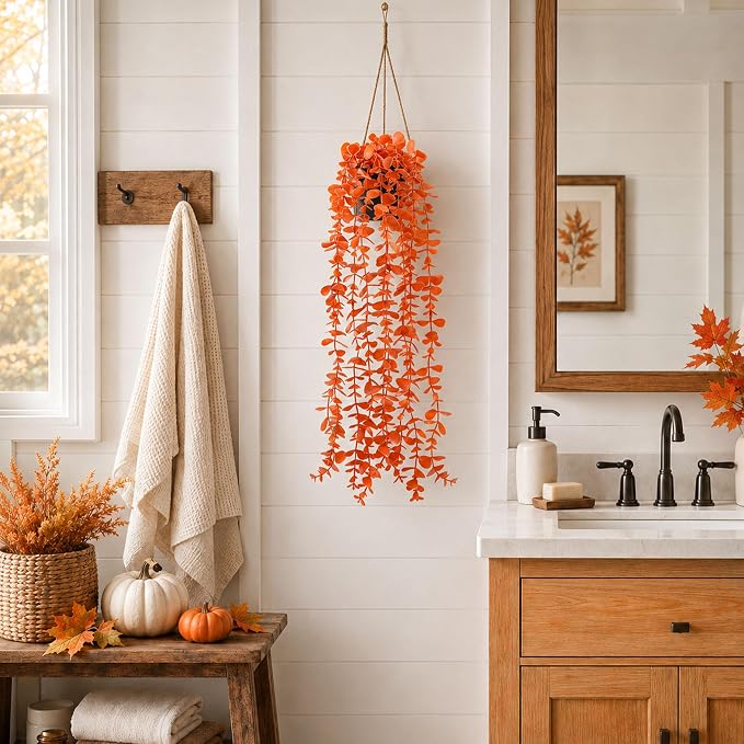 Der Rose 2Pcs Fake Fall Hanging Plants for Home Bathroom Wall Outdoor | Orange artificial hanging plants for autumn decor accents, fall bathroom and kitchen decor, porch, patio and covered decor