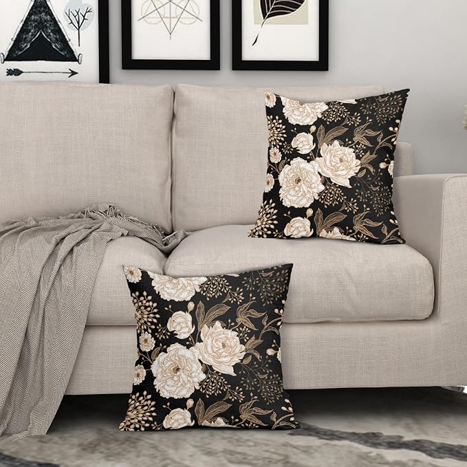 Vintage Peony Roses Floral Plant Pillow Covers 16X16 Inch Set of 2 Chinoiserie White Flower Leaves Decorative Pillow Cases Black Gold Cushion Case Vintage Home Decor for Sofa Couch Outdoor
