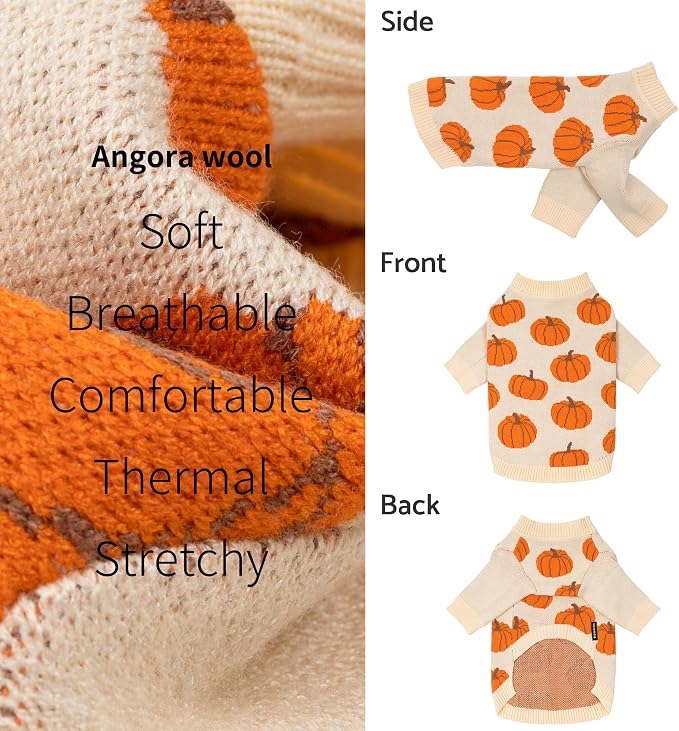 Fitwarm Pumpkin Dog Sweater, Thanksgiving Outfit for Small Dogs Boy Girl, Pet Outfit, Orange, Beige, Medium