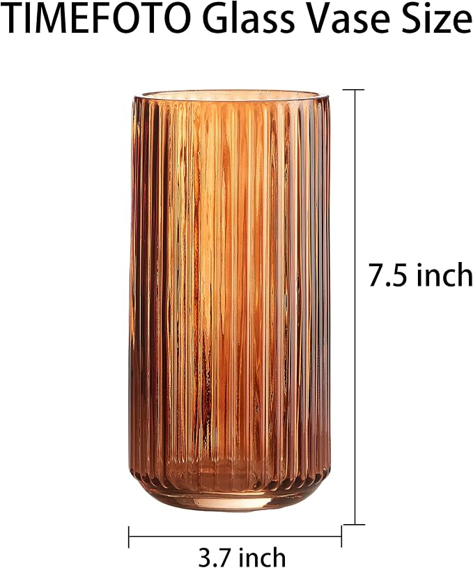 Flower Vase 7.5 inch Amber Thickened Hand Blow Glass Vase Round Vintage Striped Bottles for Bookshelf,Dinner Table,Indoor Office Desktop,Meeting Room,Bathroom,Countertop,Home