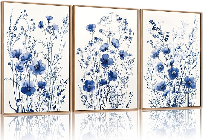 FWIEXA Blue White Wildflower Canvas Wall Art Set of 3, Framed Navy Chinoiserie Watercolor Botanical Pictures Wall Decor, Minimalist Floral Paintings Artwork, 24x36In Florals Prints for Living Room, Bedroom, Bathroom