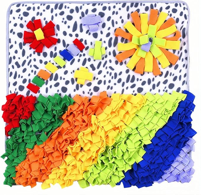Vedem Small Animal Snuffle Mat Fleece Foraging Mats Interactive Feeding Toy Rabbit Guinea Pig Rat Hamster Anti Slip Treat Dispenser (Leopard-Rainbow)