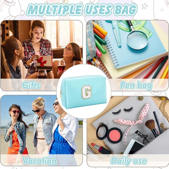 URSKYTOUS Gifts for Girls Initial Makeup Bag Personalized Cosmetic Bag with Zipper Cute Travel Toiletry Bag Waterproof PU Preppy Makeup Pouch Birthday Gift for Teen Girls Women(Blue G)