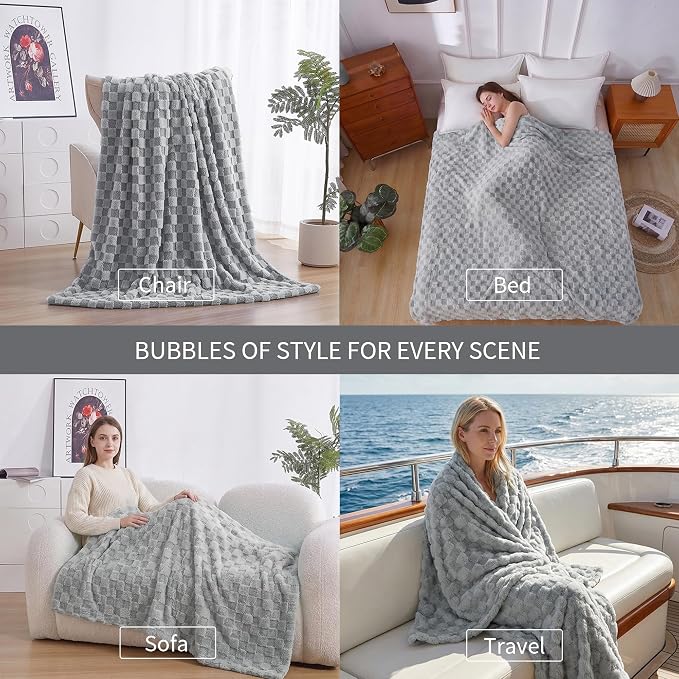 Luxury 3D Checkered Throw Blanket Reversible Thick Warm Blankets for Couch | Soft Velvet Flannel Fuzzy Plush Gift for Women