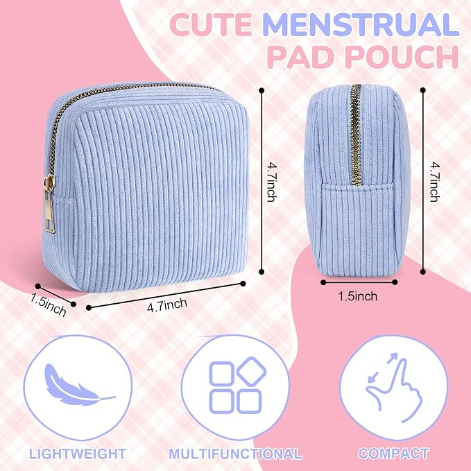 Corduroy Period Pouch Small Discreet Period Bag Sanitary Napkin Storage Bag Cute Menstrual Pad Pouch Tampon Bag for Purse Portable Zipper Makeup Bags for Women Ladies Purple
