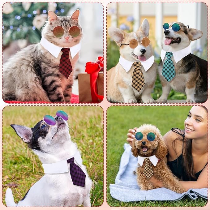 Weewooday 8 Pcs Pet Dog Cat Costume Cat Dog Sunglasses and Tie Collar Round Glasses for Small Puppy Tuxedo Necktie Collar Puppy Accessories Halloween Cosplay Birthday Christmas Party(Elegant Colors)
