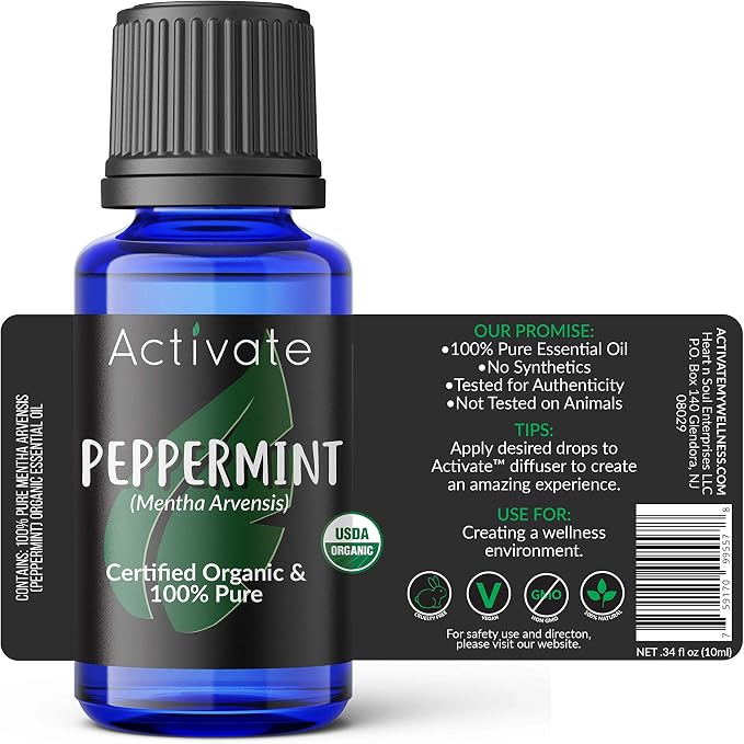 Activate USDA Organic Peppermint Essential Oil, 100% Pure Steam Distilled Mentha Arvensis, Premium Aromatherapy Oil for Diffusers, Massage, DIY Soap, Candles, Bath & Home Fragrance, 10 mL