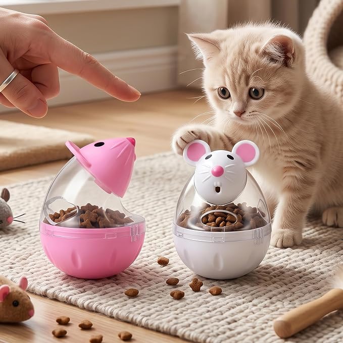 2 Pcs Cat Food Ball Dispenser, Mice Shaped Treat Dispenser for Cats, Slow Feeder Tumbler Toy for Training, Interactive Toys for Indoor Cats (Pink, White)