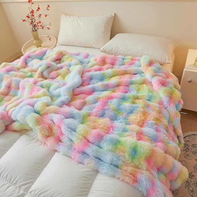 LIFEREVO Luxury Fluffy Faux Rabbit Fur Throw Blanket 50x60, Rainbow | Soft Plush Bubble Blanket for Bed Couch Sofa Office, Decorative Cute Tie Dye Shaggy Lap Throw for Kids Girls Adults, Washable