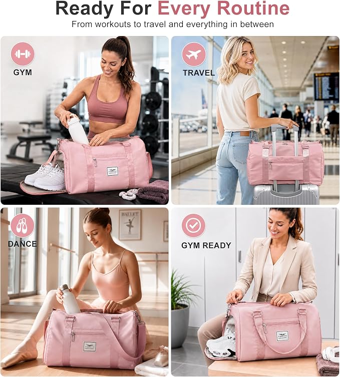 FIORETTO Womens Gym Tote Duffle Bag with Wet Pocket & Shoe Compartment, Sports Duffel Overnight Weekender Hospital Workout Carry on Bag for Girls, Ideal for Travel, Swimming, Dance, Ballet Pink