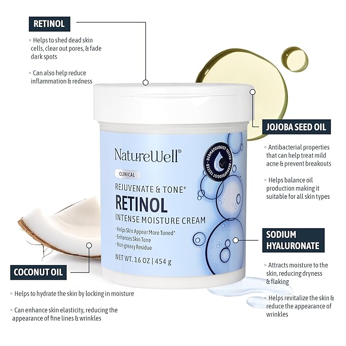 NATURE WELL Clinical Rejuvenate & Tone Retinol Intense Moisture Cream 2.0 for Face, Body, & Hands, Anti-Aging, Targets Discoloration, Wrinkles, Sun Damage, Crepey, & Sagging Skin, 16 Oz