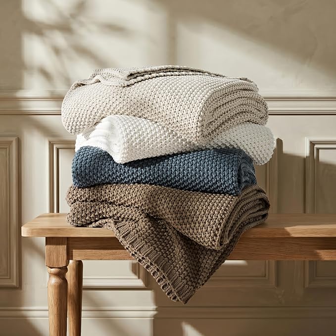 Organic Cotton Chunky Knit Throw Blanket, 50 x 60 Bright White | OCS Certified Organic Cotton, Seed Stitch Knit, Soft & Breathable, Cozy Midweight, Decorative Throw for Couch, Bed & Sofa