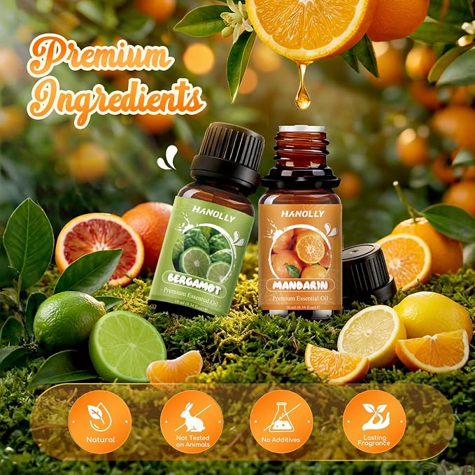 Citrus Essential Oils Set,Premium Fragrance Oil for Diffuser for Home,Scented Oil for Candle & Soap Making, Sweet Orange, Bergamot, Lemon, Grapefruit, Lime, Mandarin, Fruit Aromatherapy Oils