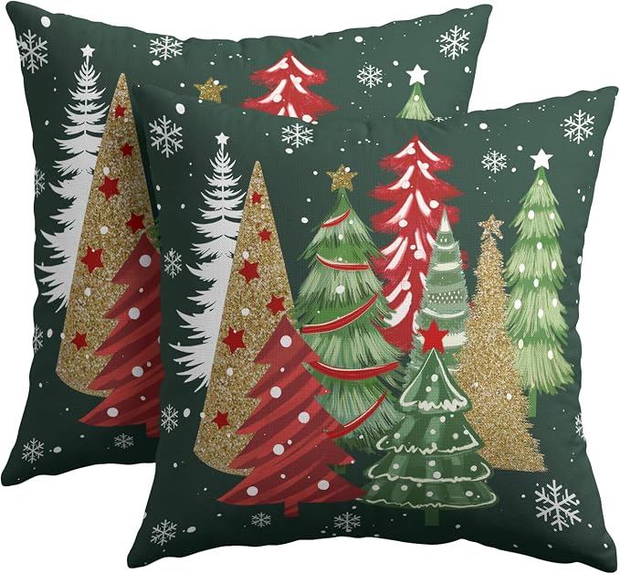 Kawani Christmas Red Throw Pillow Covers 22 x 22 Inch - 2 Pack Gold Green Xmas Trees Square Decorative Pillow Cases Cotton Linen Cushion Case for Couch Bed Living Room Outdoor Car