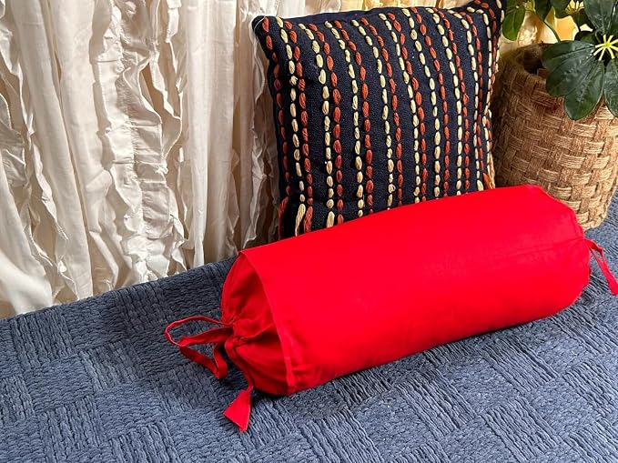Cervical Neck Roll Pillow Cover with Cotton Bolster Pillowcases for Cylindrical Cushion and Drawstring Closure Round Neck Pillowcase 6" x 18" (15 x 45 cm) Red