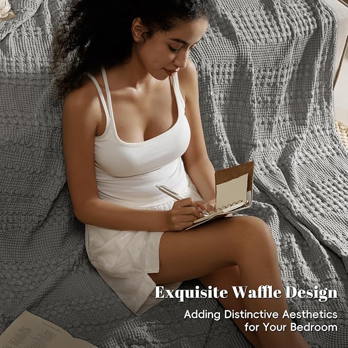 PHF 100% Cotton Waffle Weave Blanket King Size, Lightweight Breathable Summer Blanket for Hot Sleepers, Pre-Washed Soft Layer for Bed, Couch, Home Decor Gift, 108"x90", Dark Grey