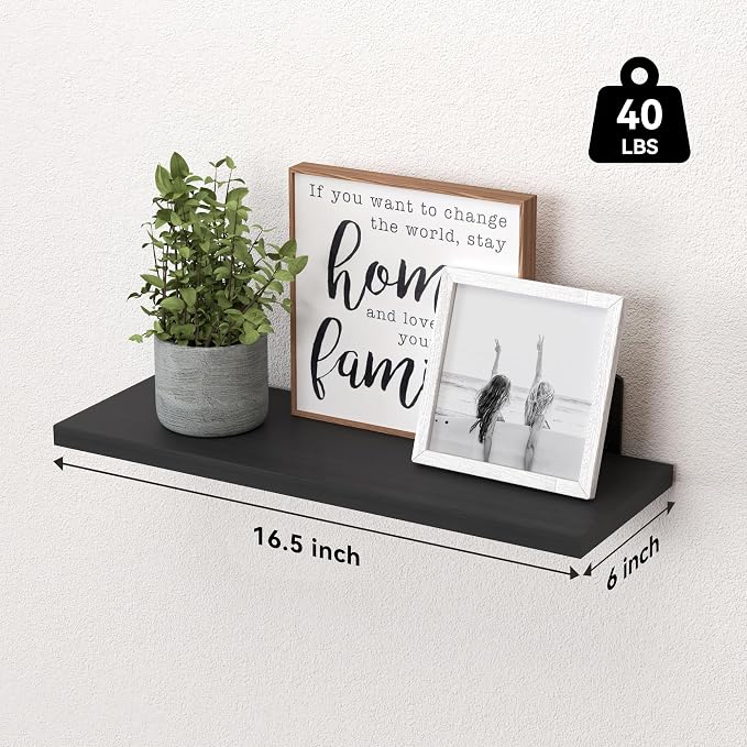 Wood Floating Shelves Set of 6, Shelves for Wall Decor, Farmhouse Shelf for Bedroom, Bathroom Storage Shelves, Book Shelves for Living Room-Black