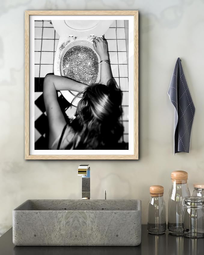EcoHest 16x20 in After the Disco Party Framed Wall Art for Bathroom | Solid Oak Wood Frame, Canvas Wall Art, Black & White Funny Wall Decor for Bathroom, Bedroom, Dorm Room, College Room, 1Pack