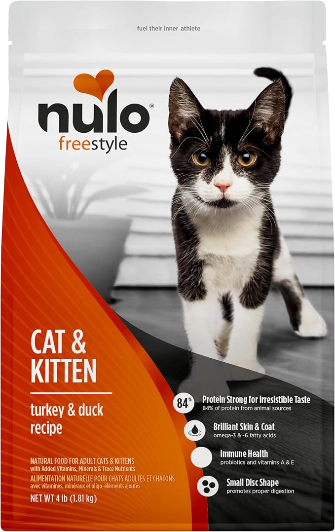 Nulo Freestyle Cat & Kitten Dry Food - Turkey & Duck Recipe, High Protein Grain Free Cat Food, Natural Kibble with Probiotics & Omega Fatty Acids, 4lb Bag