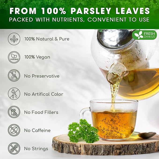Premium 135 Parsley Leaf Tea Bags, 100% Natural & Pure from Parsley Leaves. Loose Leaf Parsley Herbal Tea. Parsley Leaf Tea. Made with Natural Material Tea Bags. No Sugar, No Caffeine, No Gluten, Vegan.
