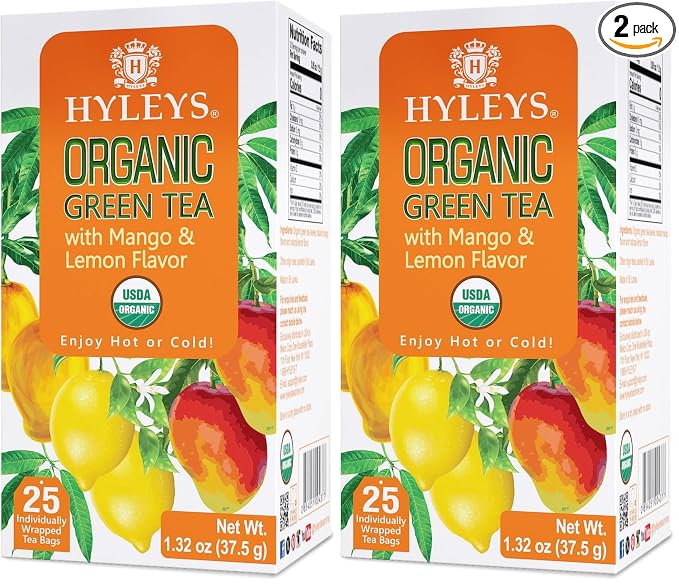 Hyleys Organic Green Tea Mango and Lemon Flavor - 25 Tea Bags (Pack of 2)