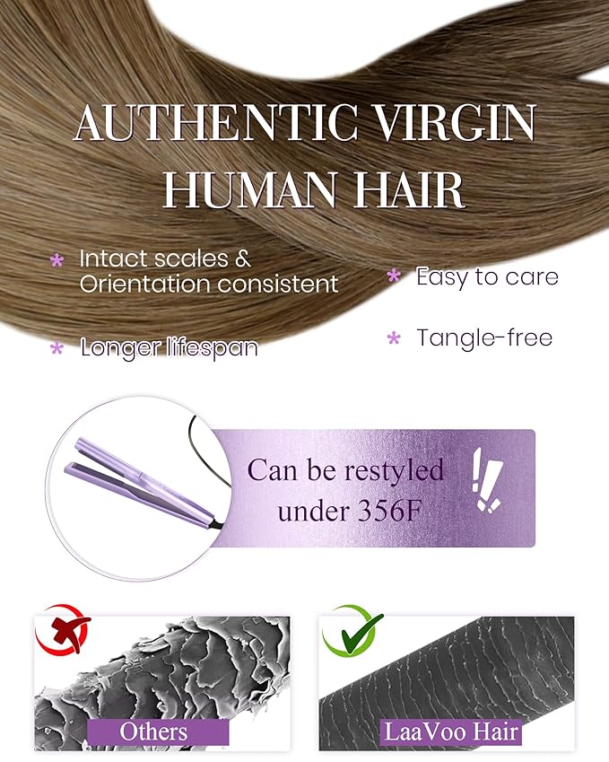 LaaVoo Itip Human Hair Extensions Balayage Brown I Tip Hair Extensions Medium Brown Ombre Light Brown to Golden Brown 20" 50g 60s