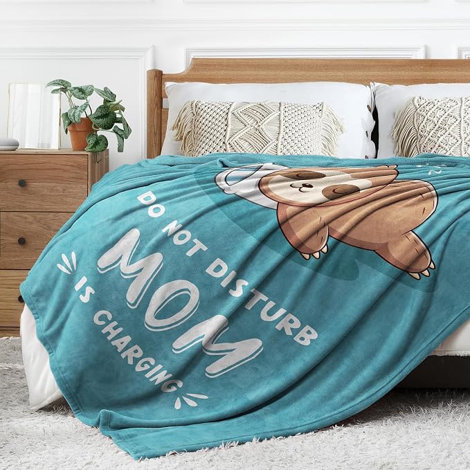 Leebbsin Funny Gifts for Mom, Birthday Gifts for Mom from Daughter Son | Mom is Charging Sloth Blanket, 60" x 80", Cyan, Mom Gift for Christmas Mothers Day, Soft Sloth Throws Blanket for Mother