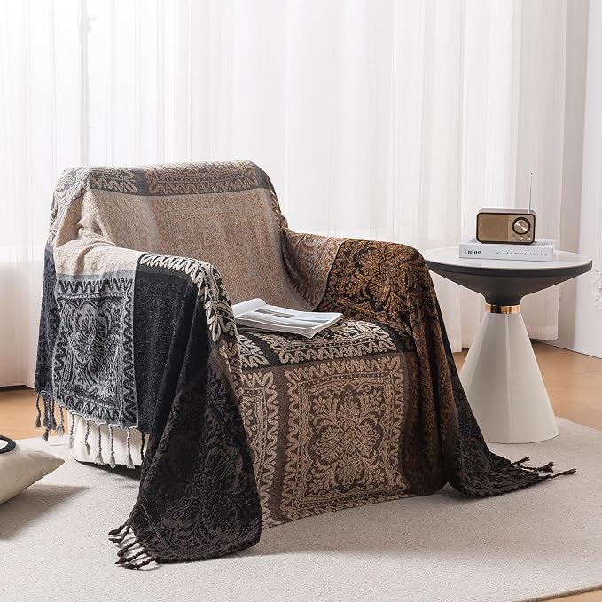Boho Throw Blanket, Chenille Jacquard Tassels Throw Blankets for Bed Couch Soft Chair， Bohemian Fringe Tassels (Black, Large 86 * 102Inches)