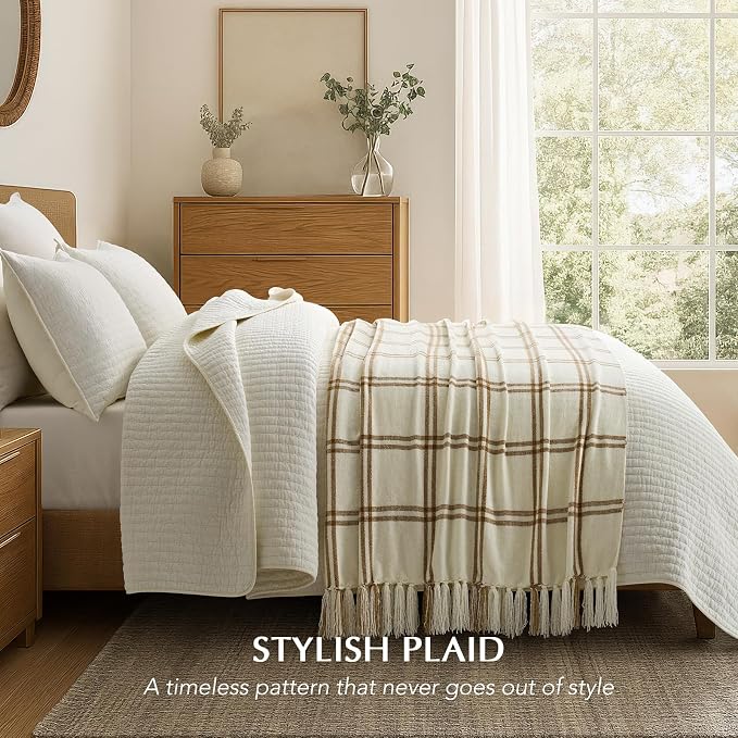 Plaid Chenille Knit Throw Blanket, 50"x60", Cream & Beige | Soft Knitted Throw with Tassels, Cozy, Lightweight, Windowpane Grid Plaid, Decorative Farmhouse Throw for Couch Bed Sofa Gift