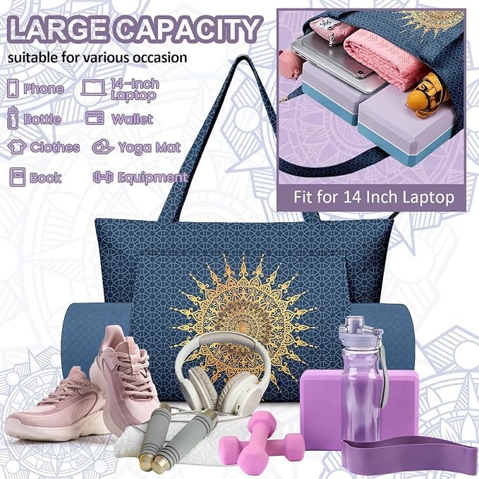 Yoga Bag for Women, Large Canvas Yoga Mat Tote Bag with Yoga Mat Carrier - Large Mat Pocket Fitness Tote for Pilates, Gym, Travel, Office & Beach