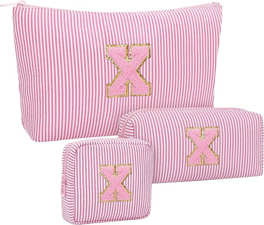 MONSTINA Personalized Initial Makeup Bag for Women,Make Up Case for Girlfriend Bridesmaid Wife,|Personalized Gifts for Women Friends|Cute Toiletry Make Up Traveling Stuff Organizer,Pink X