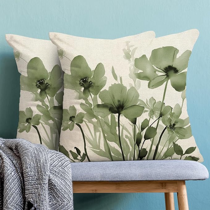 Spring Floral Pillow Covers 18x18 Inches Set of 2,Sage Green Floral Throw Pillow Covers Outdoor Summer Flower Decoration Pillowcase Farmhouse Decorative Square Linen Cushion Cover For Home Sofa