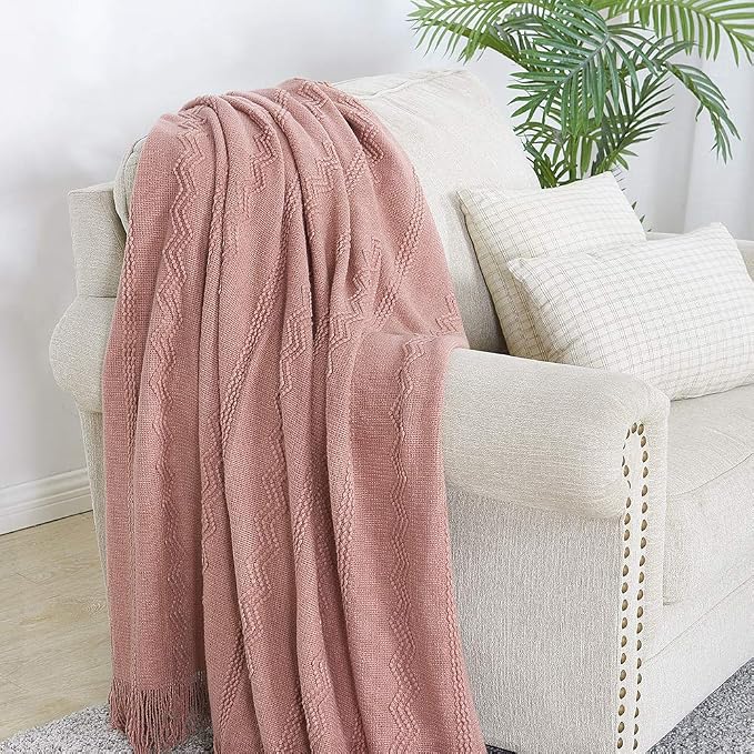 BOURINA Coral Pink Throw Blanket 50x60 Inch Knitted Soft Throw Sofa Blanket | Knitted Throw Blanket 50x60 Inches, Soft Lightweight Boho Weave Throw Decorative Couch Blanket for Living Room Bedroom Chair