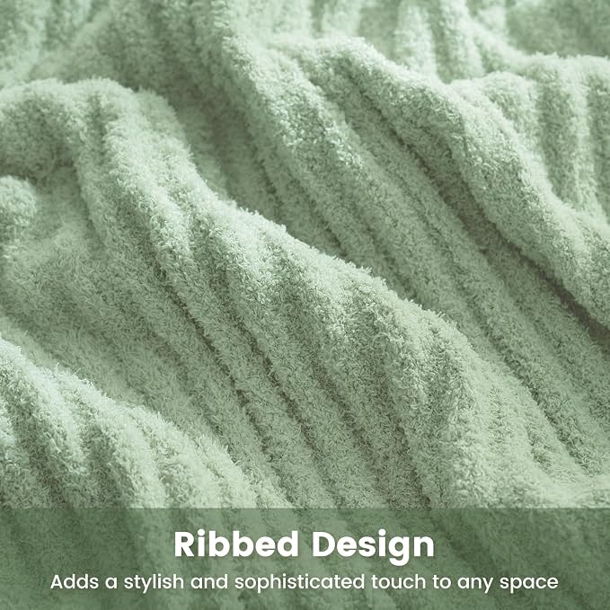 Snuggle Sac Fluffy Ribbed Sage Green Blanket Twin Size, Soft Luxurious Knit Fuzzy Microfiber Blankets for Sofa, Bed, Sage Green, 60x80 inches