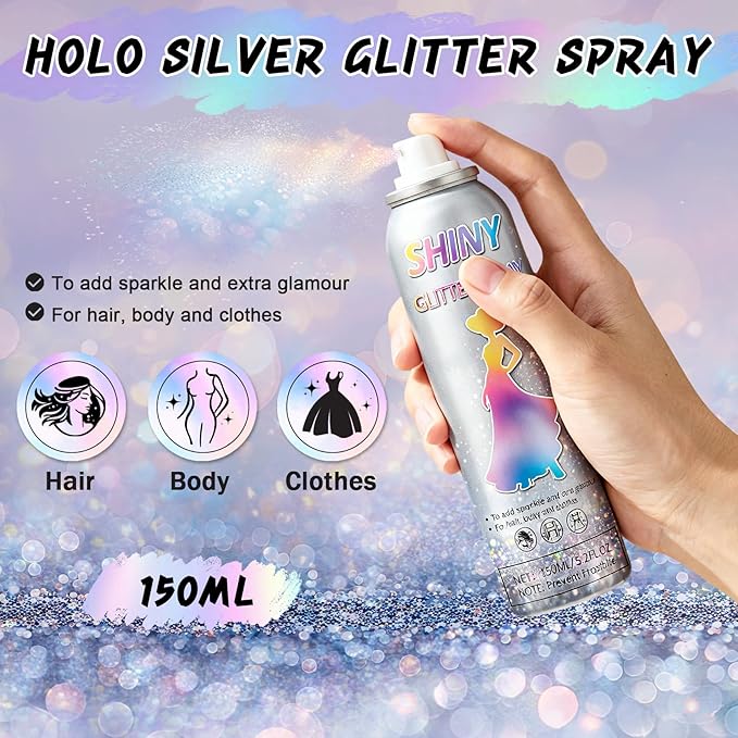 AWCCXMYM 150ML Body Glitter Spray Shiny Hair Glitter Long-Lasting and Quick-Drying Glitter Spray for Hair and Body Shimmer Glitter Hairsparay Halloween,Christmas,Festival Makeup Prom 5.2 Fl Oz