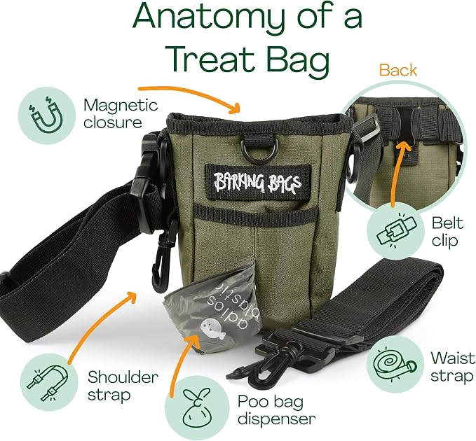 Green Dog Treat Bag & Training Pouch - Ideal for Medium to Large Breeds | Lightweight & Practical Design with Magnetic Closure | Wear Three Ways | Easy Carry Carry Dog Treats & Poo Bags