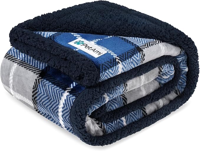 PetAmi Waterproof Dog Blanket for Small Puppy Cat, 29x40, Plaid Light Grey | 460 GSM Sherpa Fleece Reversible, Pee Proof Pet Blanket, Furniture Protector Cover for Couch Sofa Kennel Crate, Washable