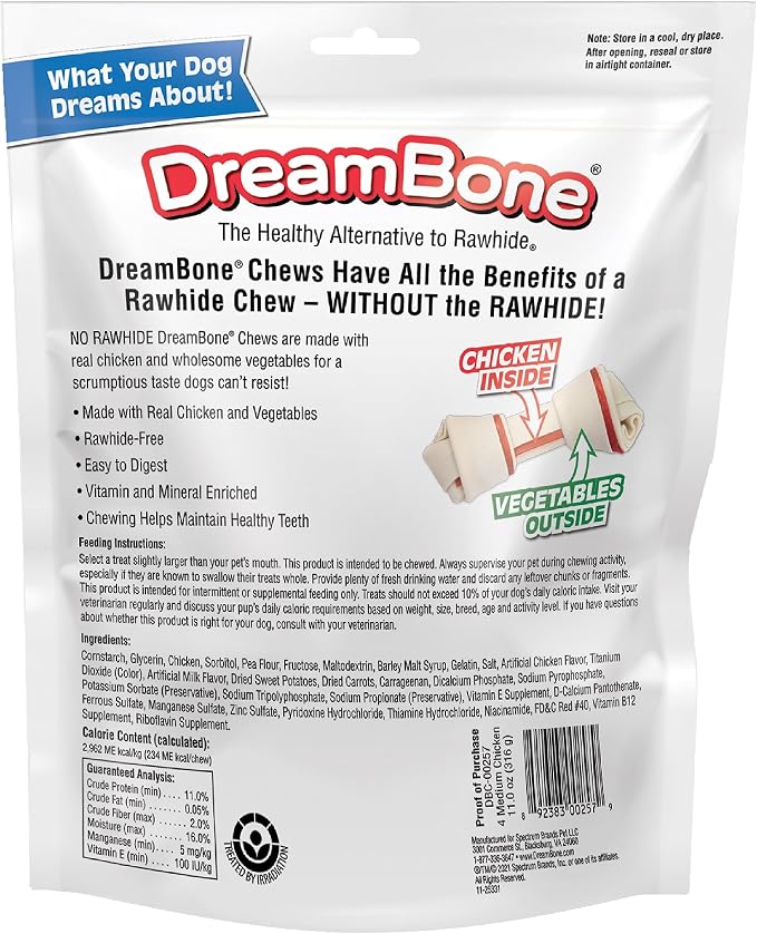 DreamBone Medium Bone Rawhide-Free Dog Treats With Real Protein, 4 Count | Daily Chew, Digests Safely and Completely, Made With Real Chicken and Veggies, For Adult Dogs