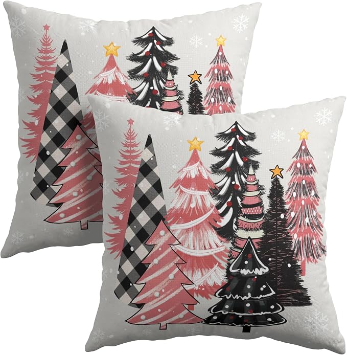 Kawani Christmas Tree Throw Pillow Covers 2 Pcs 18x18 Inches - Pink Black Plaid Xmas Trees Decorative Pillowcase Cotton Linen Square Cushion Case for Couch Sofa Bed Bedroom Living Room