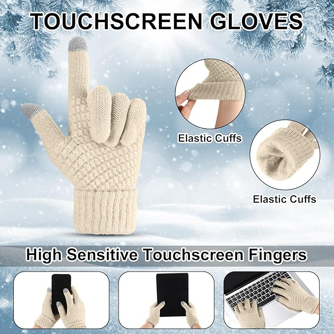 SATINIOR 5 Pcs Winter Hat Scarf Gloves Set Fleece Warm Lined Knit Beanie Hat Touch Screen Earmuff Gloves Warmer for Women(Beige,Fresh Style)