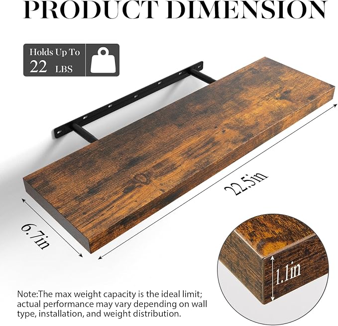 BAYKA Rustic Brown Floating Shelves 22.5in, 3 Pack, Wall Mount Wood Shelf | Easy Install, 22lbs Max Load, Hidden Bracket, for Bathroom Bedroom Kitchen Display Storage Decor, Multi-Wall Compatible