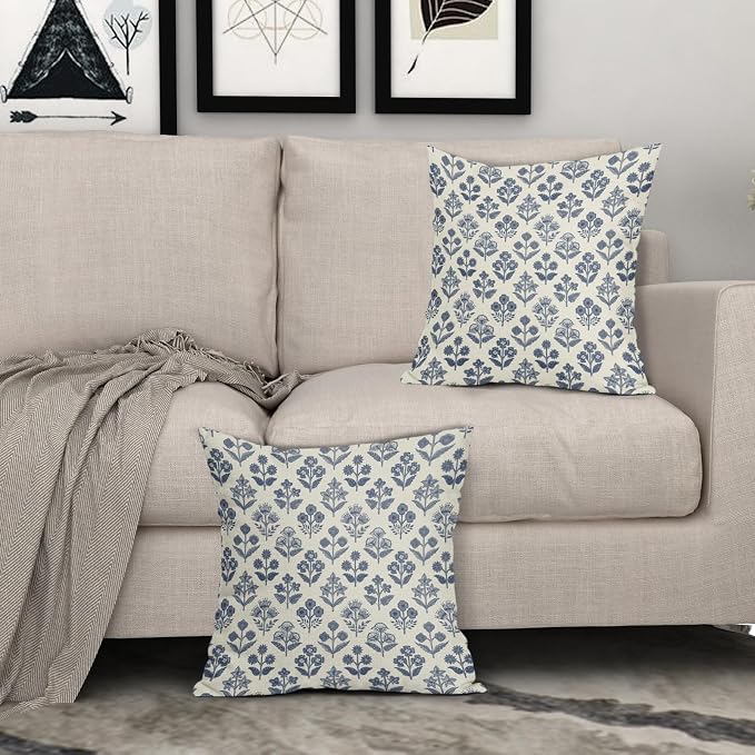 Dark Blue Floral Pillow Covers 20x20 Inch Set of 2, Vintage Flower Block Print Pattern Decorative Throw Pillowcases Outdoor Farmhouse Cushion Covers Spring Summer Rustic Sofa Couch Bed Decor